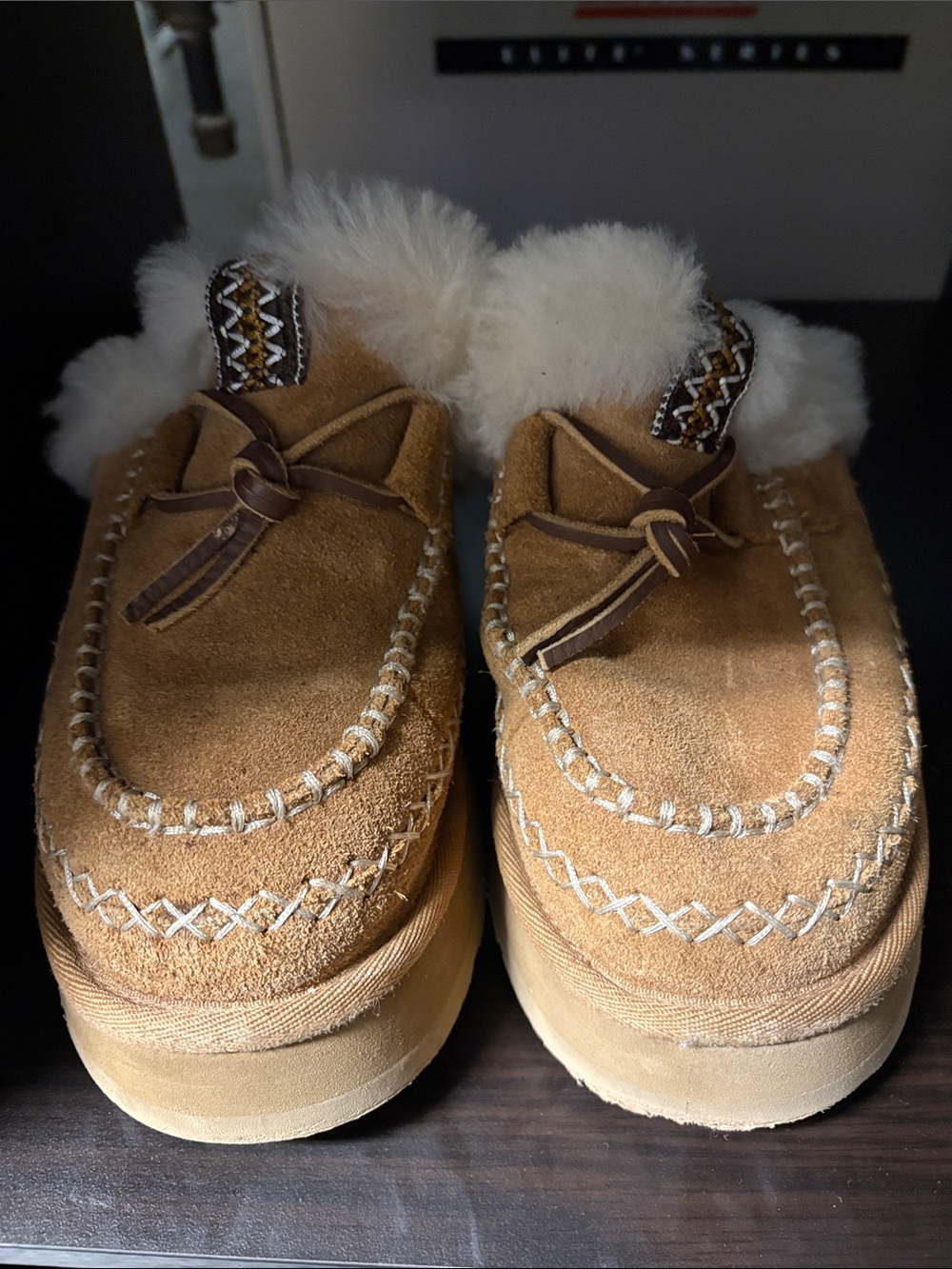 UGG Chestnut Suede Shearling-Lined Moccasin platform shoes /slippers
